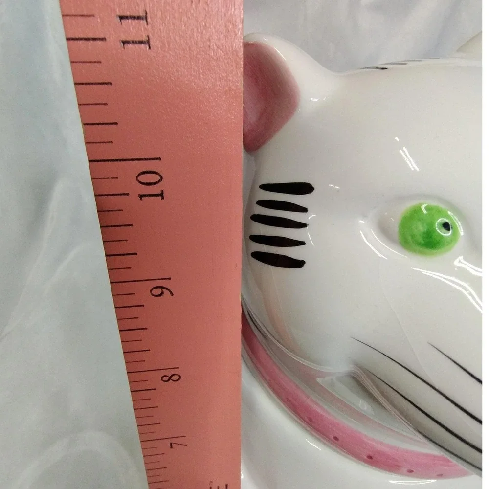 Vintage Ceramic Cat Cookie Jar‎ Taiwan White Cat w Mouse Yarn 1980s
